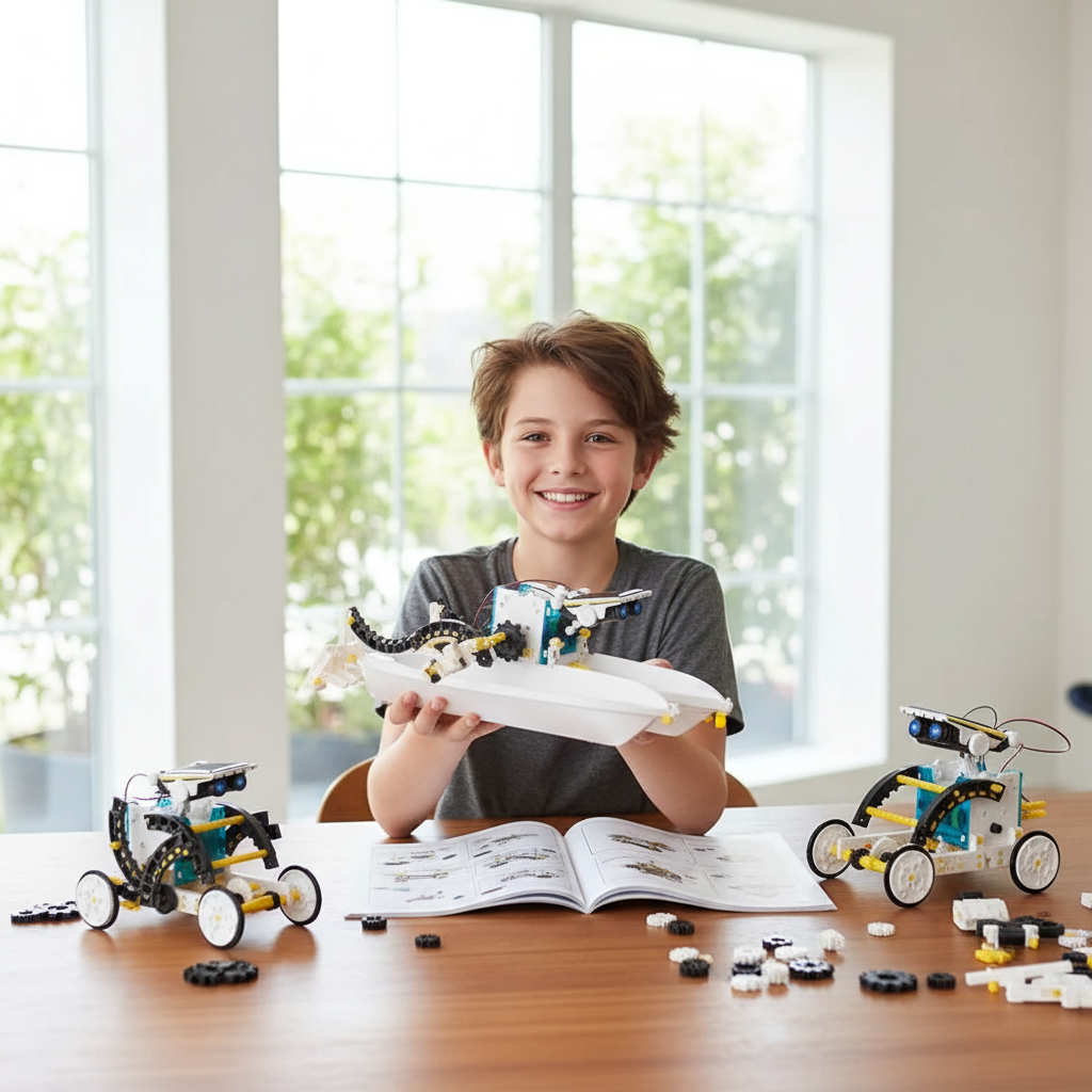 Enfant fier présentant son robot terminé seul