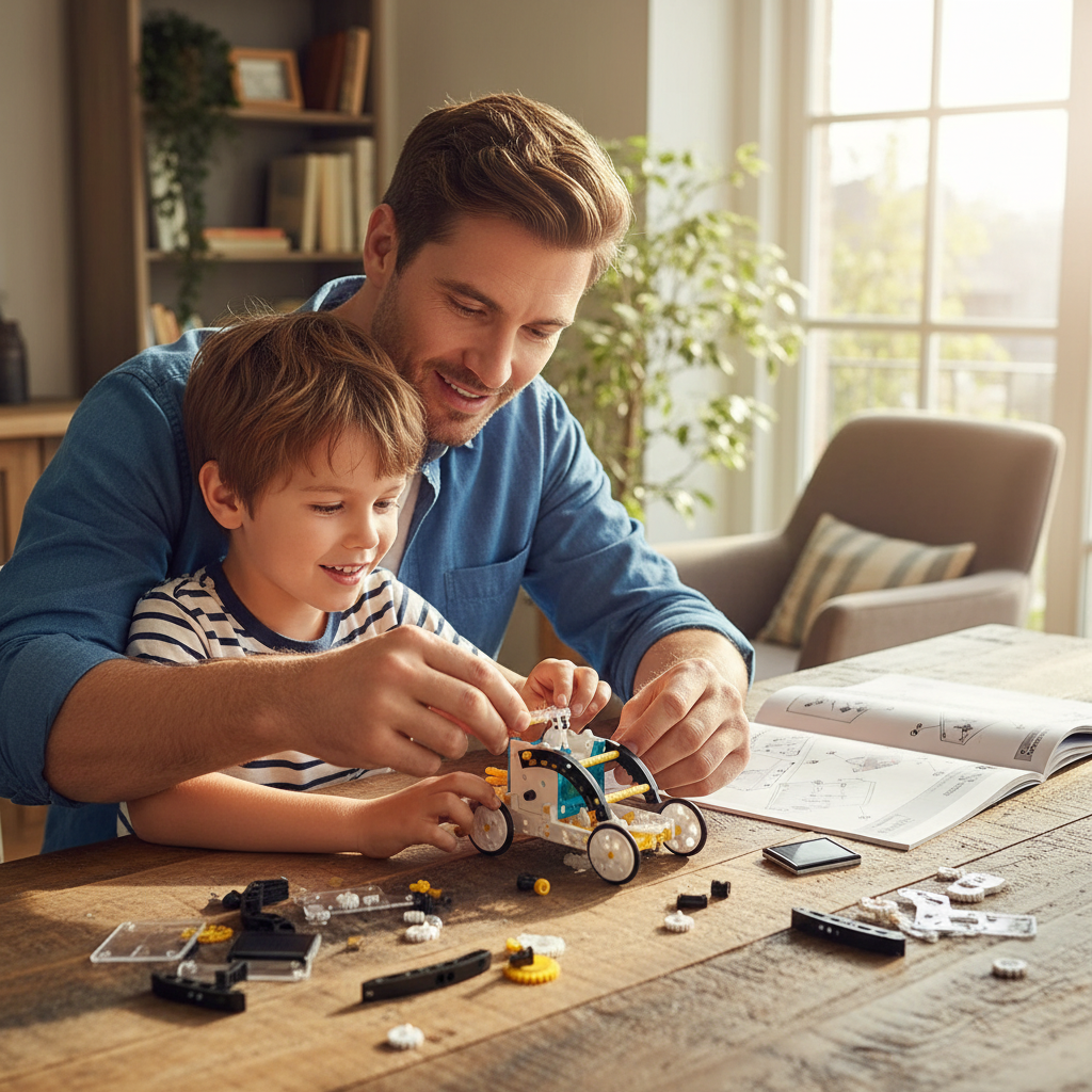 Parent et enfant assemblant le robot solaire ensemble