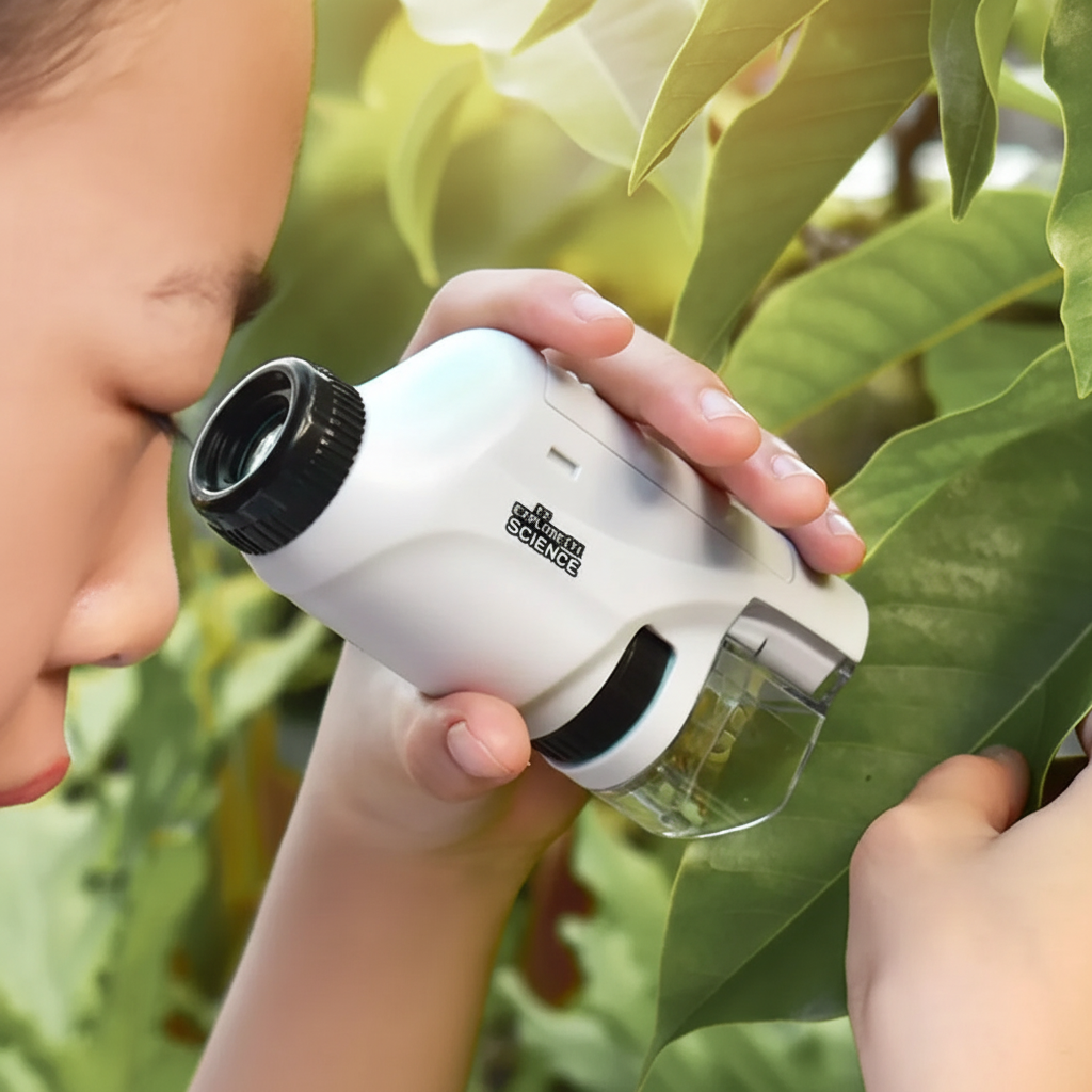Enfant explorant une feuille avec le microscope portable