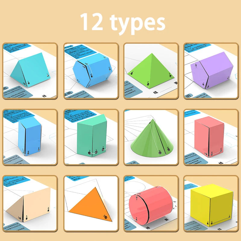 Grille montrant les 12 formes géométriques 3D colorées avec cordelettes : pyramides, prismes, cylindres, cônes, cubes dans différentes couleurs (jaune, bleu, rose, vert, beige, orange, violet, turquoise).