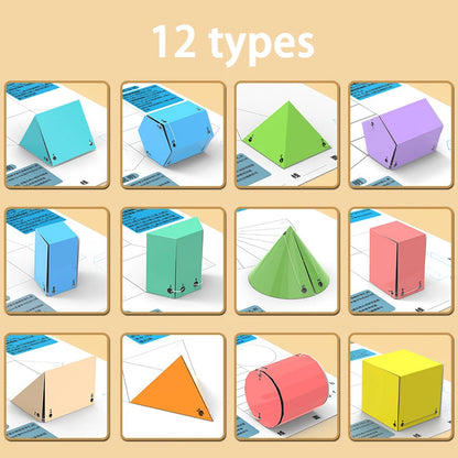 Grille montrant les 12 formes géométriques 3D colorées avec cordelettes : pyramides, prismes, cylindres, cônes, cubes dans différentes couleurs (jaune, bleu, rose, vert, beige, orange, violet, turquoise).