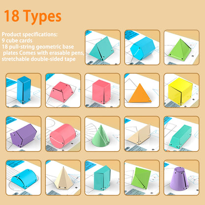 Grille montrant les 18 formes géométriques 3D colorées avec cordelettes : pyramides, prismes, cylindres, cônes, cubes dans différentes couleurs (jaune, bleu, rose, vert, beige, orange, violet, turquoise).