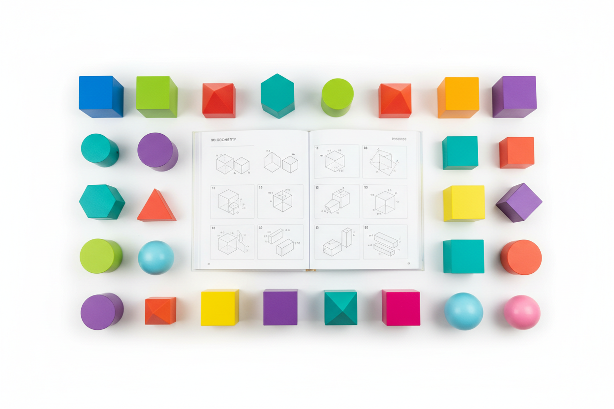 24 formes géométriques 3D colorées : pyramides, prismes, cylindres, cônes, cubes dans différentes couleurs (jaune, bleu, rose, vert, beige, orange, violet, turquoise)