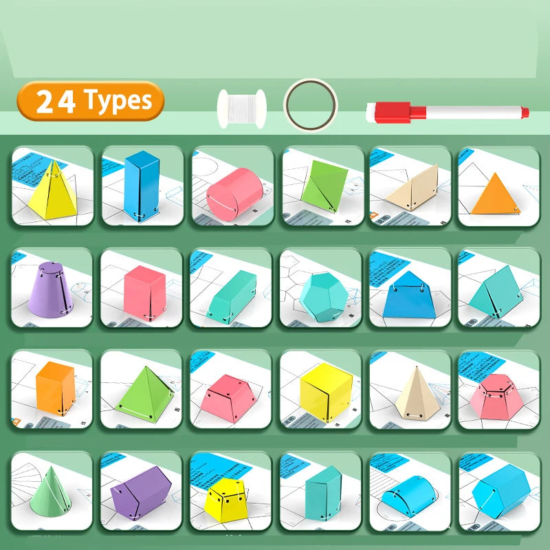 Grille montrant les 24 formes géométriques 3D colorées avec cordelettes : pyramides, prismes, cylindres, cônes, cubes dans différentes couleurs (jaune, bleu, rose, vert, beige, orange, violet, turquoise).