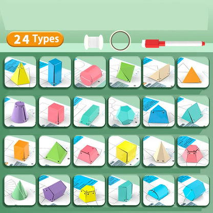 Grille montrant les 24 formes géométriques 3D colorées avec cordelettes : pyramides, prismes, cylindres, cônes, cubes dans différentes couleurs (jaune, bleu, rose, vert, beige, orange, violet, turquoise).