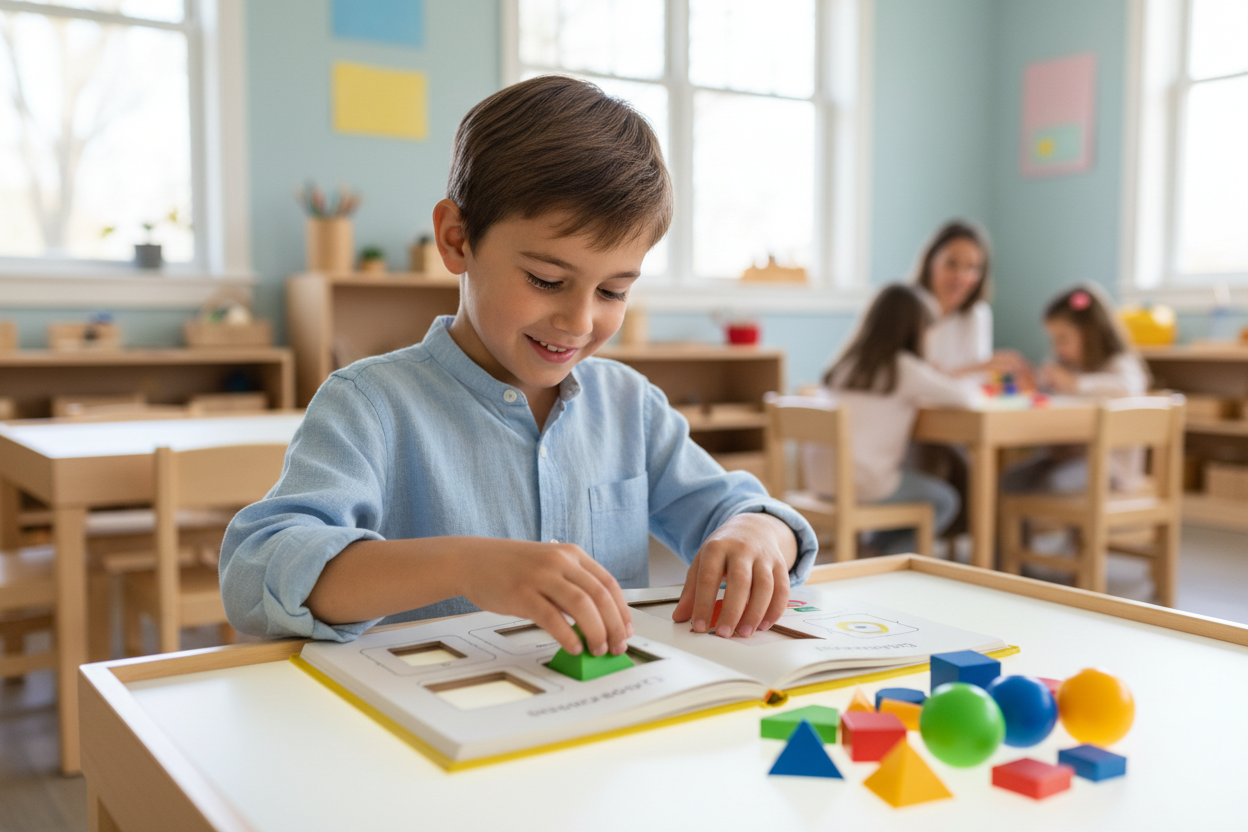 Formes géométriques 3D colorées flottant au-dessus (prismes bleus, cylindres roses, triangle orange, cube jaune, cônes violets, pyramides vertes)