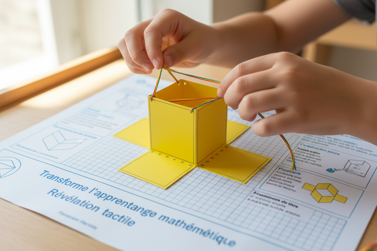 Mains enfant tirant corde assemblage cube géométrie 3D