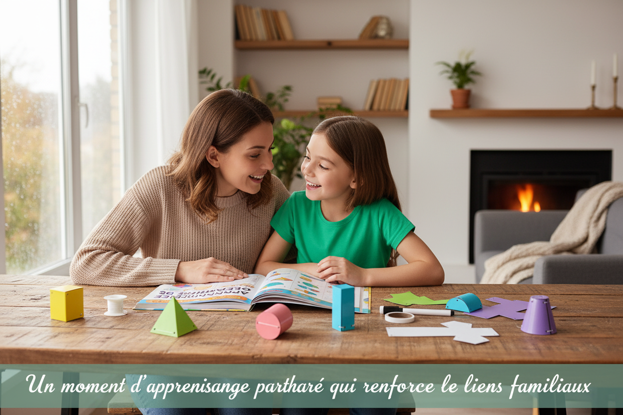 Parent enfant partageant moment apprentissage géométrie 3D