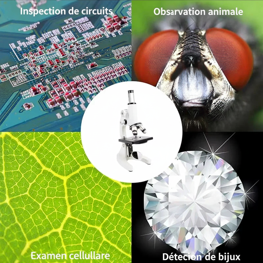 Quatre applications du microscope : circuits, animaux, cellules, bijoux