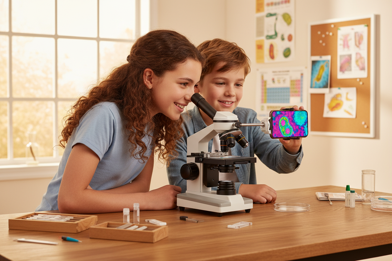 Enfants partageant leurs découvertes via smartphone