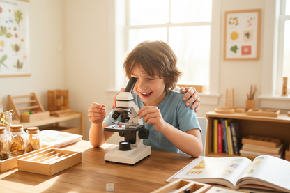 Enfant utilisant le microscope avec émerveillement