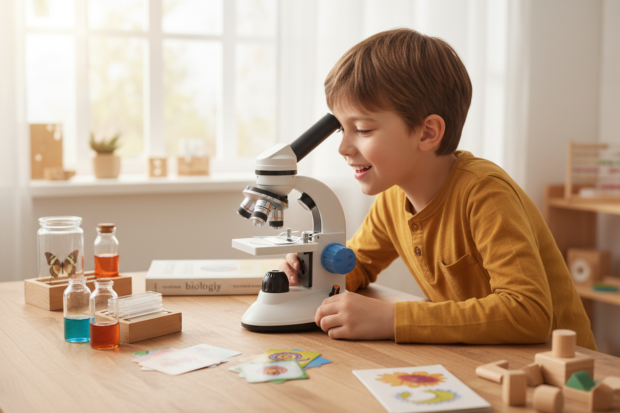 Enfant émerveillé utilisant le microscope SciExplorer