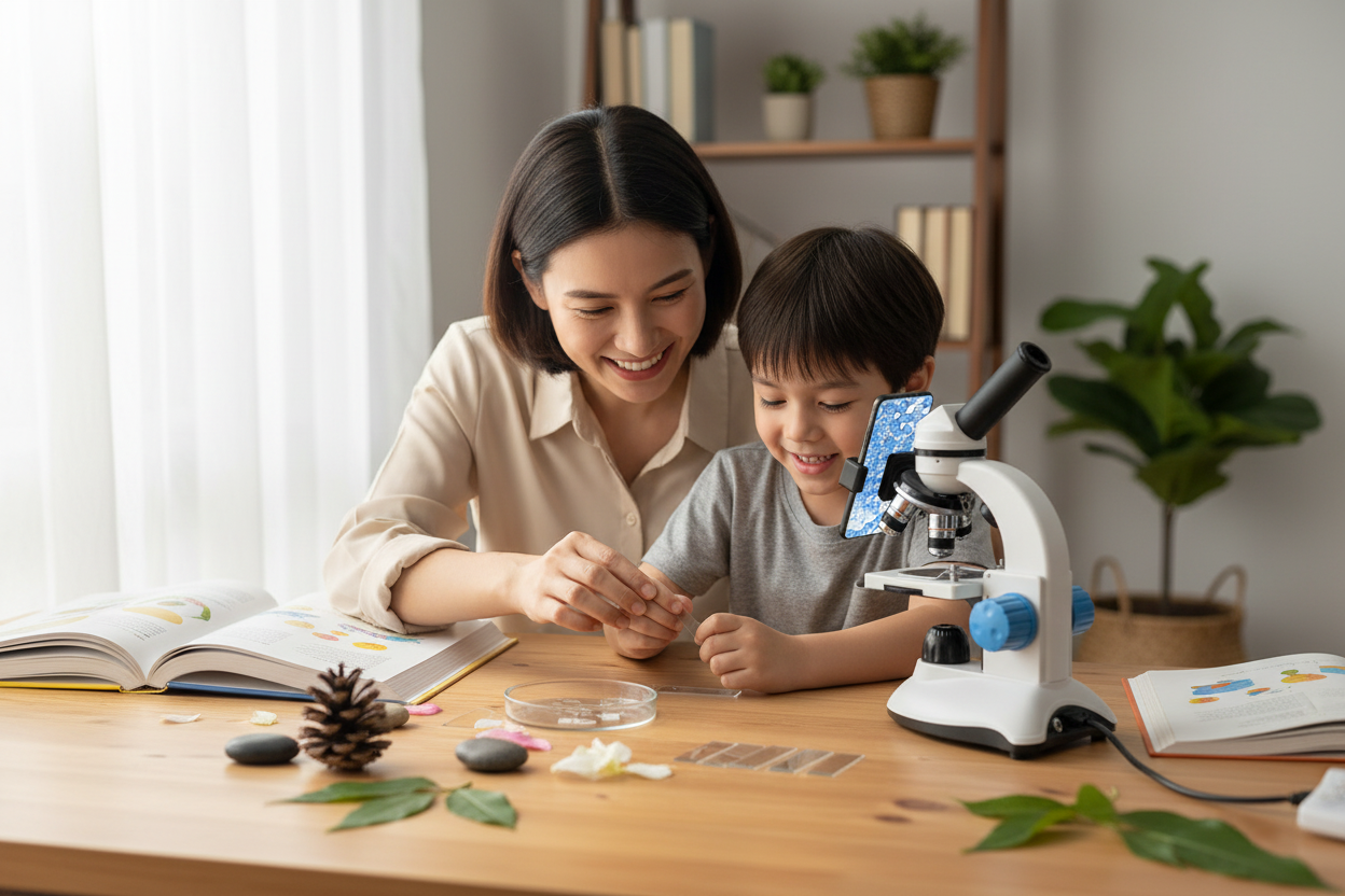 Parent guidant son enfant dans l'utilisation du microscope