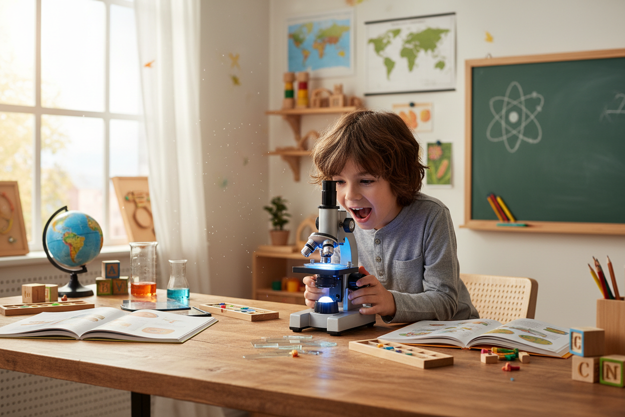 Enfant découvrant le monde microscopique avec émerveillement