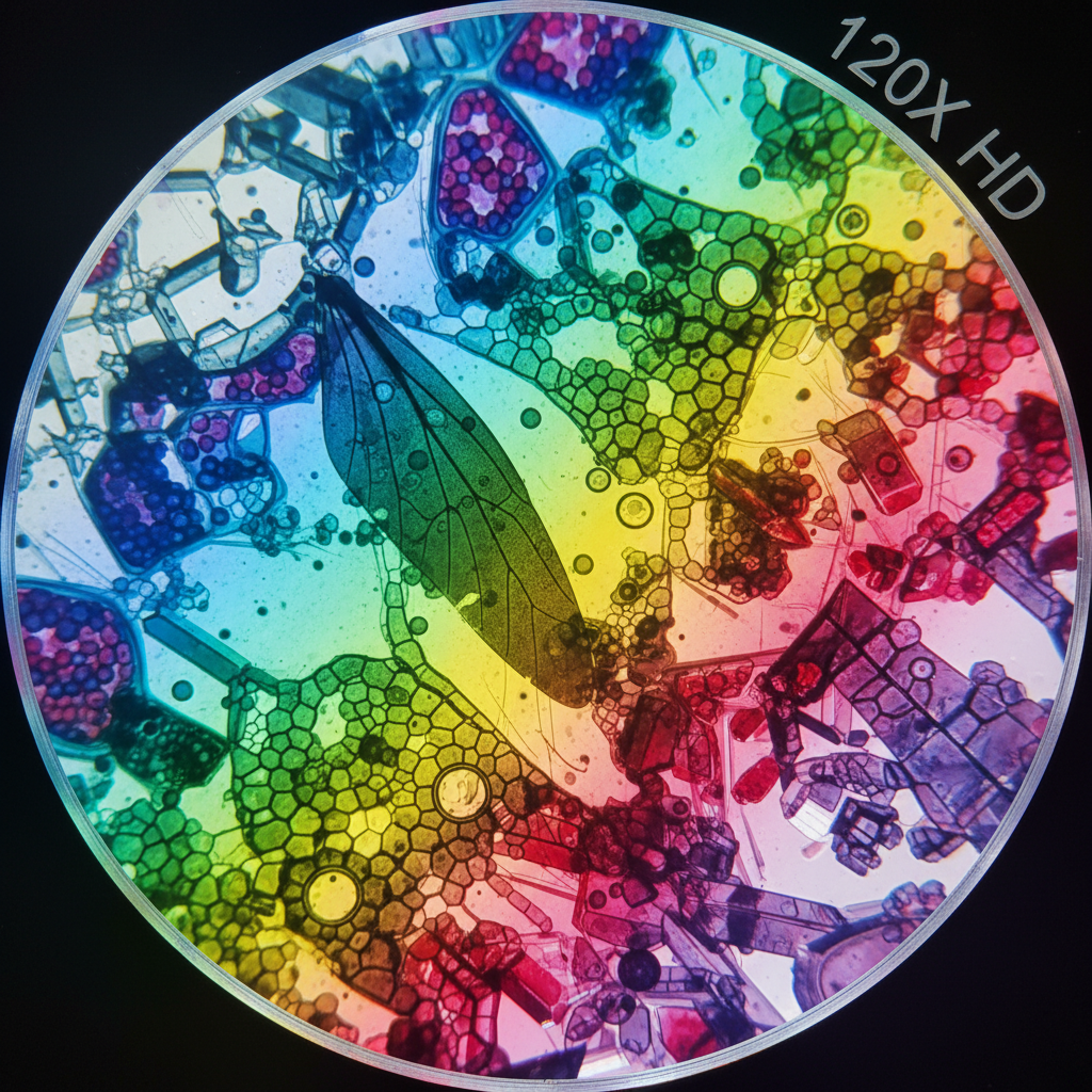Vue HD 1200X montrant des détails microscopiques colorés