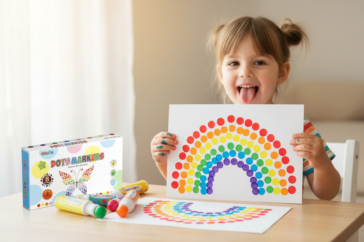 Enfant fier montrant sa création avec marqueurs Ohuhu