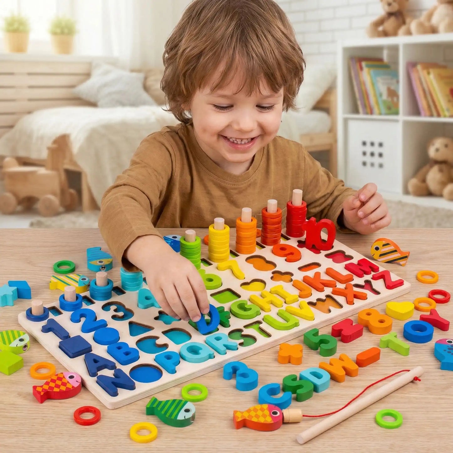 Gros plan sur les mains d'un enfant de 6-8 ans dessinant et effaçant avec confiance sur la planche magnétique en bois avec chiffres, lettres et formes colorés.