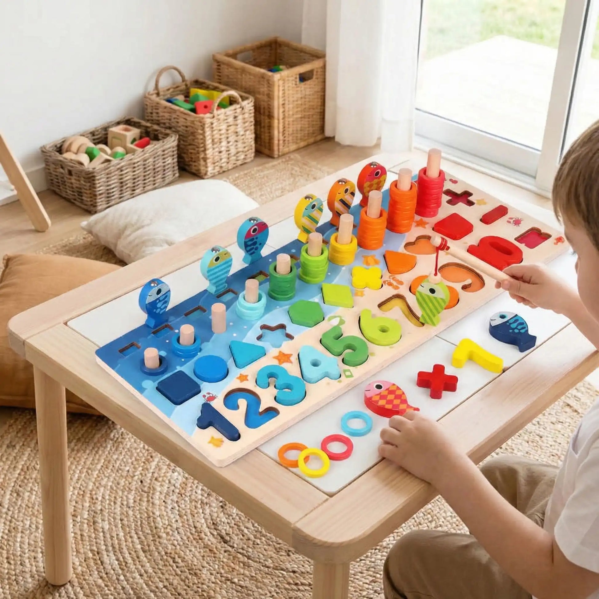 hoto détaillée du produit montrant la planche magnétique en bois avec tous les composants .