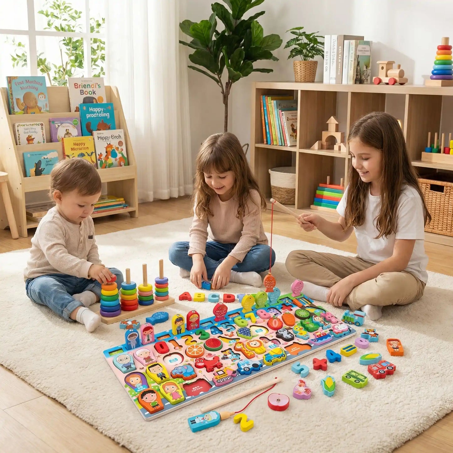 Trois enfants d'âges différents (3 ans, 6 ans, 10 ans) jouant chacun avec la même planche magnétique en bois montrant leurs étapes de développement.