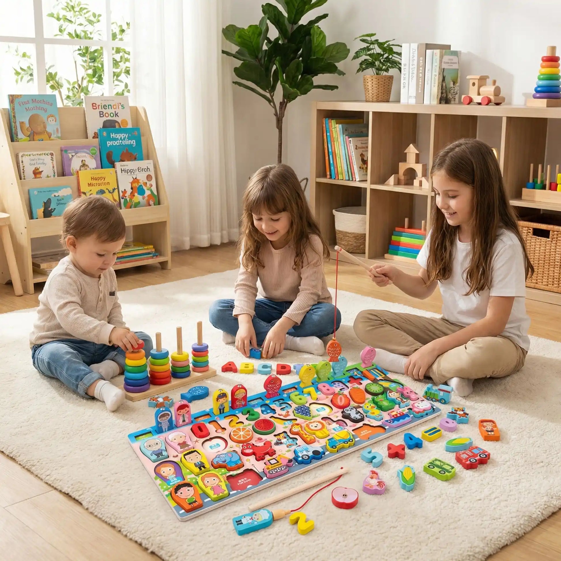 Trois enfants d'âges différents (3 ans, 6 ans, 10 ans) jouant chacun avec la même planche magnétique en bois montrant leurs étapes de développement.
