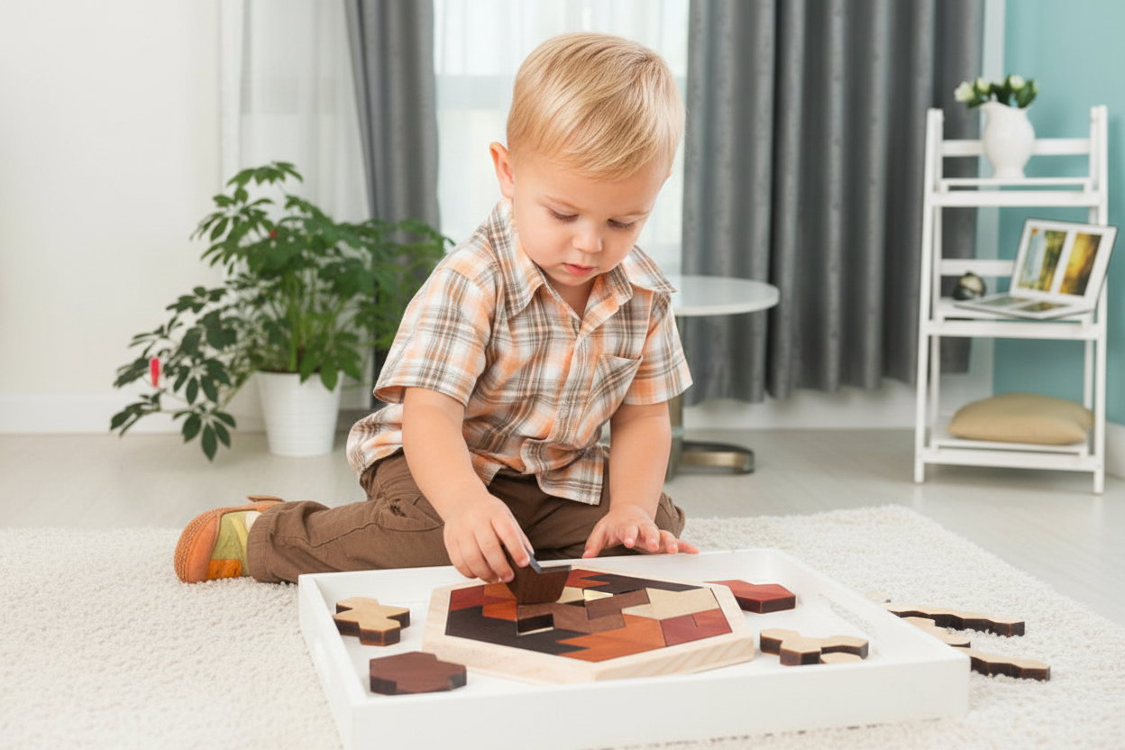 Enfant jouant avec puzzle tangram hexagonal Montessori