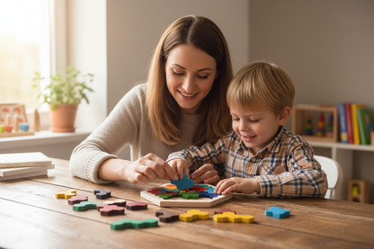 Parent et enfant jouant ensemble au puzzle tangram