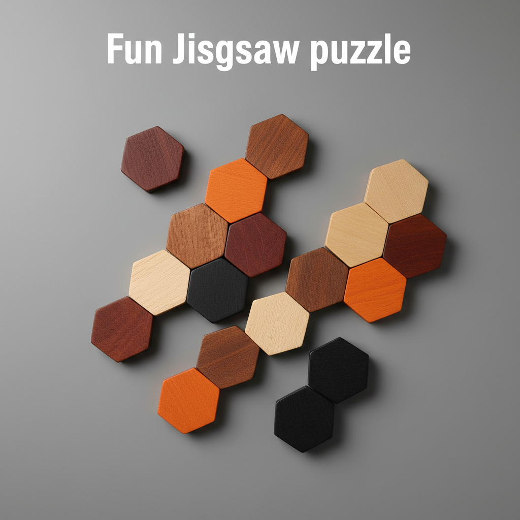 Pièces puzzle tangram hexagonal bois disposées artistiquement