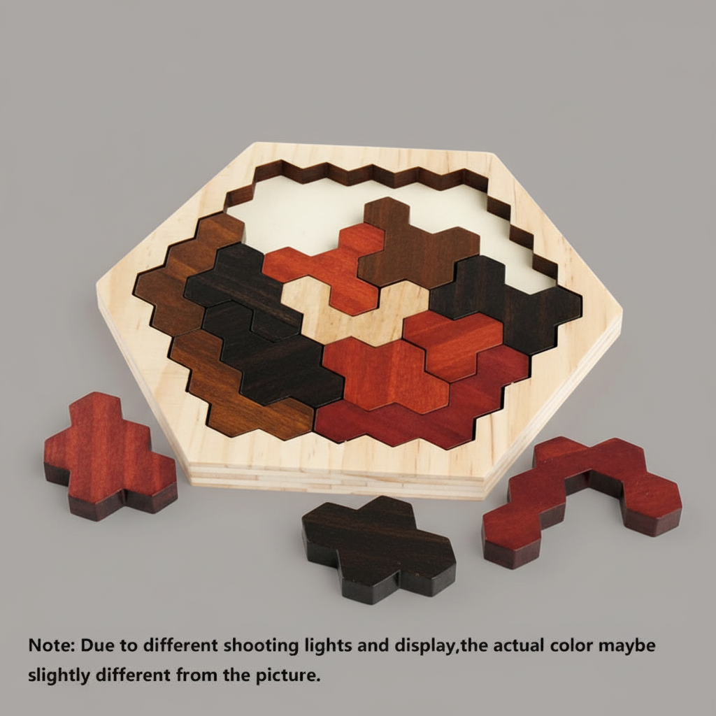 Puzzle tangram hexagonal bois avec pièces colorées