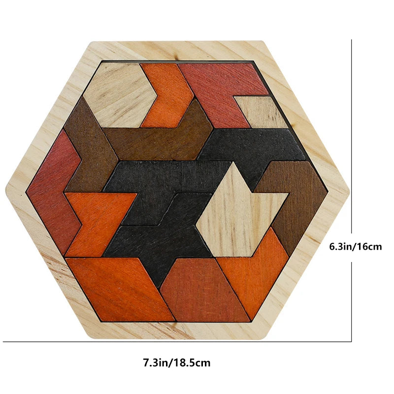 Puzzle Tangram Hexagonal en Bois - Logique IQ, Jeu Montessori (3–12 ans) | BrainKids