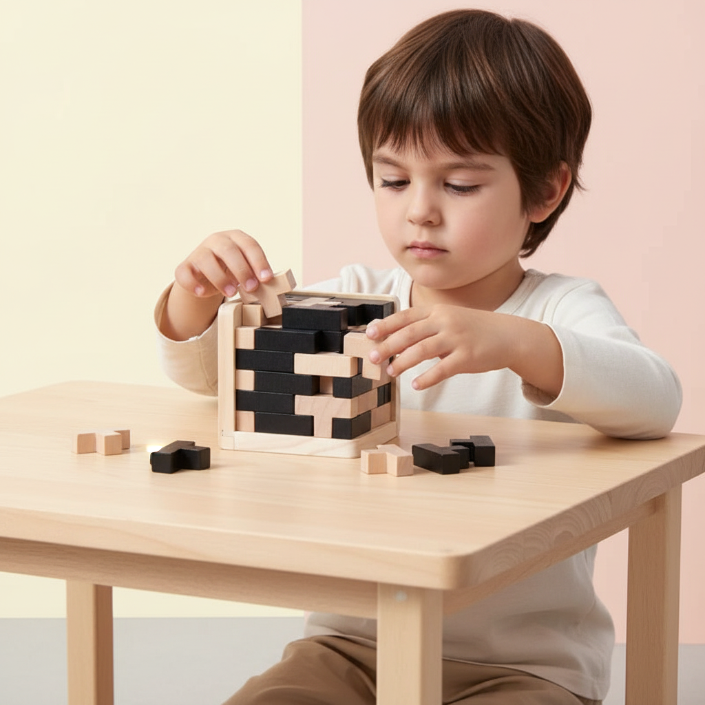 Enfant avec puzzle Tetris beige et noir