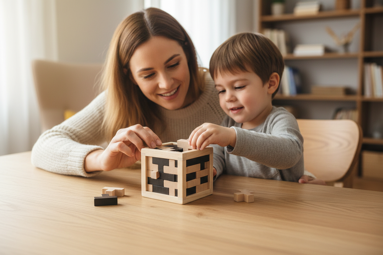 Famille jouant avec puzzle Tetris