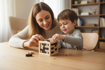 Famille jouant avec puzzle Tetris