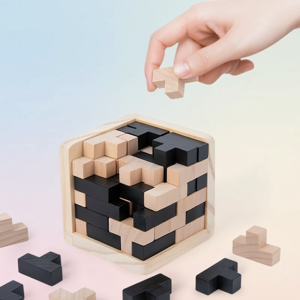 Puzzle en Bois 3D Blocs Tetris, Main plaçant pièce Tetris beige