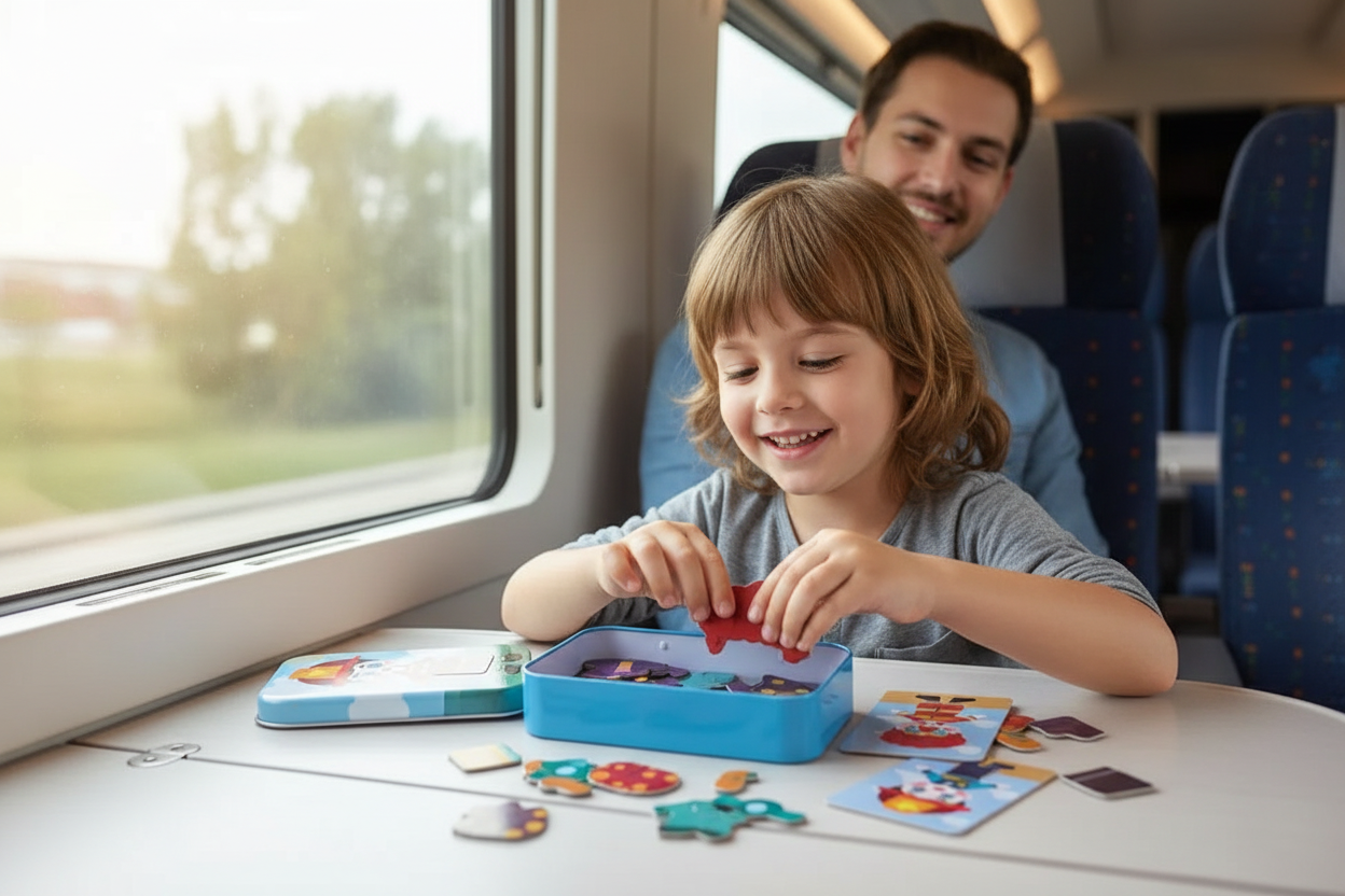 Enfant jouant avec la boîte puzzle magnétique pendant un voyage