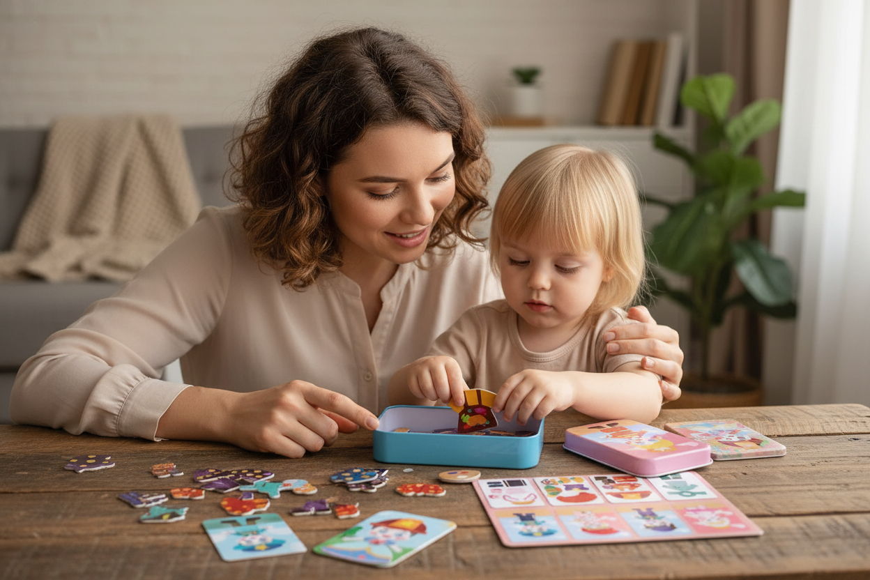 Parent et enfant explorant les émotions avec la boîte puzzle magnétique