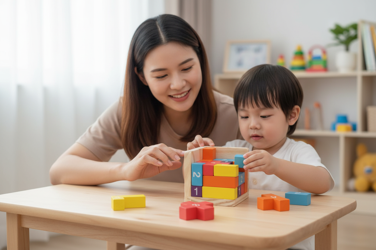 Famille jouant avec puzzle Luban