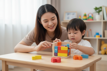 Famille jouant avec puzzle Luban