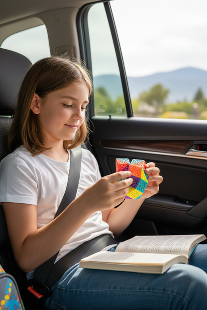 Enfant utilisant le cube fidget en voyage pour se détendre