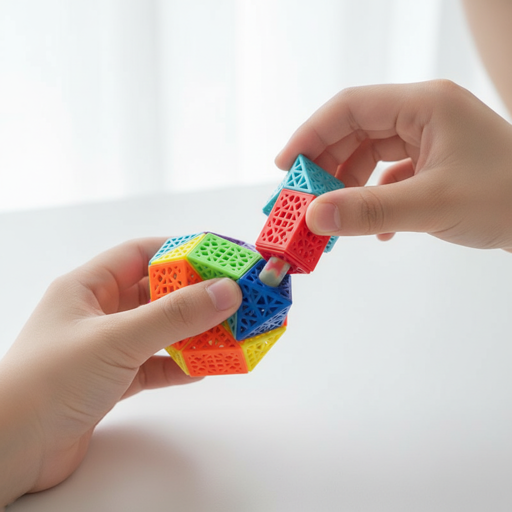 Mains d'enfant développant la motricité fine avec le serpent magique