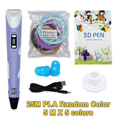 Jouet pour dessiner – Stylo 3D Écran LCD | PLA+ABS 1,75 mm | 25M Inclus | USB | 5 Coloris | 11-14 ans