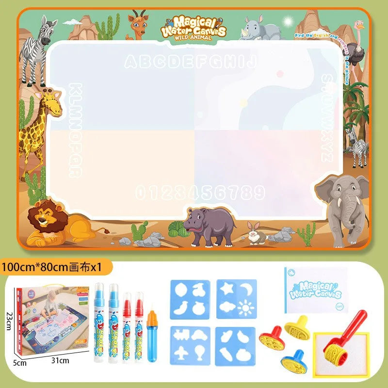 Tapis dessin à l’eau magique Montessori | 100×80 ou 80×60 cm | 18 Motifs | Dos Nylon | Zéro Tache | Réutilisable
