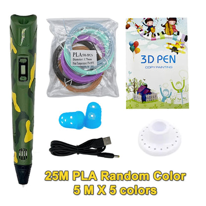 Jouet pour dessiner – Stylo 3D Écran LCD | PLA+ABS 1,75 mm | 25M Inclus | USB | 5 Coloris | 11-14 ans