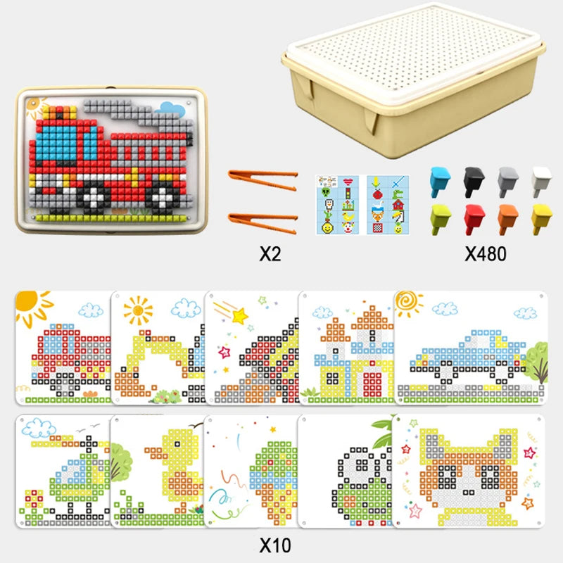 Jeu de Plateau à Picots Pour Enfants – 480 Chevilles Colorées Mosaïque Pixel Art 4-14 ans