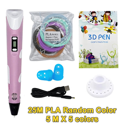Jouet pour dessiner – Stylo 3D Écran LCD | PLA+ABS 1,75 mm | 25M Inclus | USB | 5 Coloris | 11-14 ans