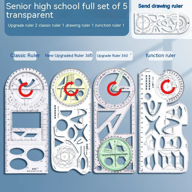 Règle de Dessin Rotative 360° Multifonctionnelle – Jouet Dessin Géométrie 14 Pièces 6-14 ans