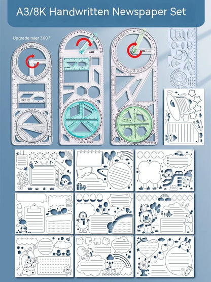 Règle de Dessin Rotative 360° Multifonctionnelle – Jouet Dessin Géométrie 14 Pièces 6-14 ans
