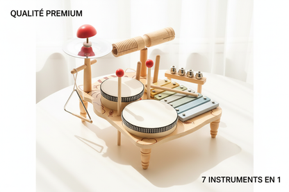 La table multi-instruments complète avec xylophone, tambours, carillon et percussions