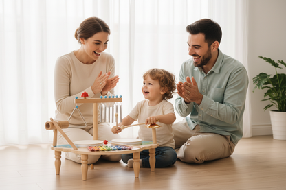 Famille jouant ensemble avec la table musicale