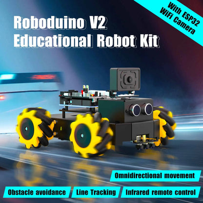 Jouet Robot pour Enfants — Voiture Roboduino V2, Arduino UNO R3, Caméra WiFi ESP32, Roues Mecanum 360°