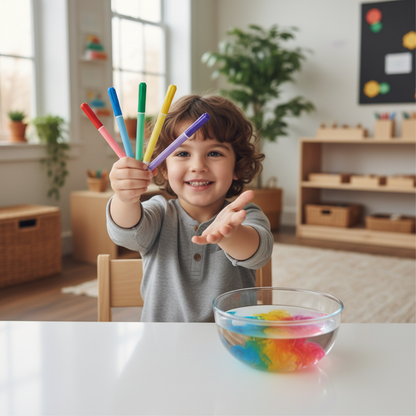 Enfant montrant les stylos colorés